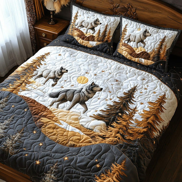Snowy Run quilted 3-piece bedding set on a made bed with two matching pillow shams