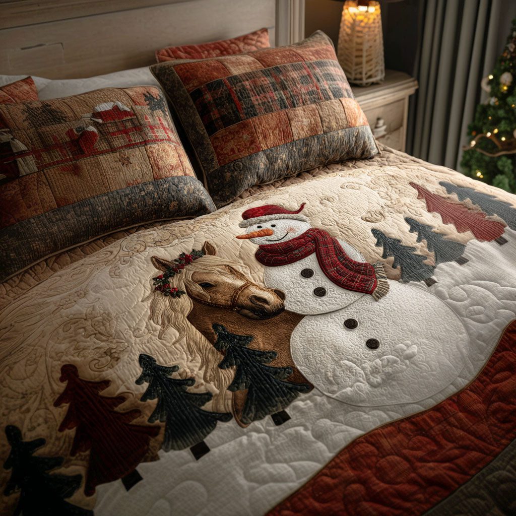 Snowy Saddle quilted 3-piece bedding set on a made bed in a rustic timber bedroom