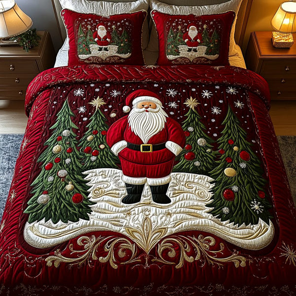 Snowy Santa quilted 3-piece bedding set on a made bed in a winter-styled bedroom