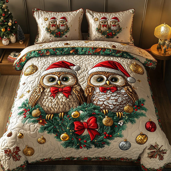 Snowy Sentinel quilted 3-piece bedding set on a made bed with two matching pillow shams