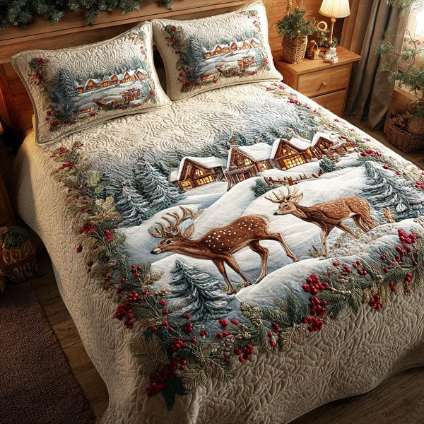 Snowy Serenity quilted 3-piece bedding set on a made bed with two matching pillow shams