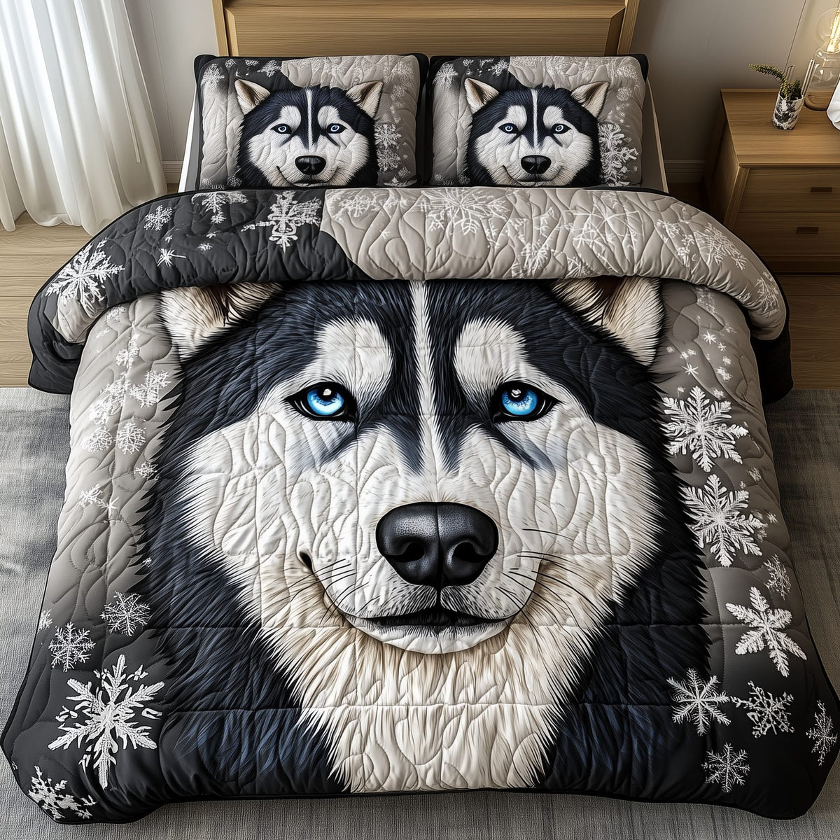 Snowy Siberian Guardian quilted 3-piece bedding set on a made bed with two matching pillow shams
