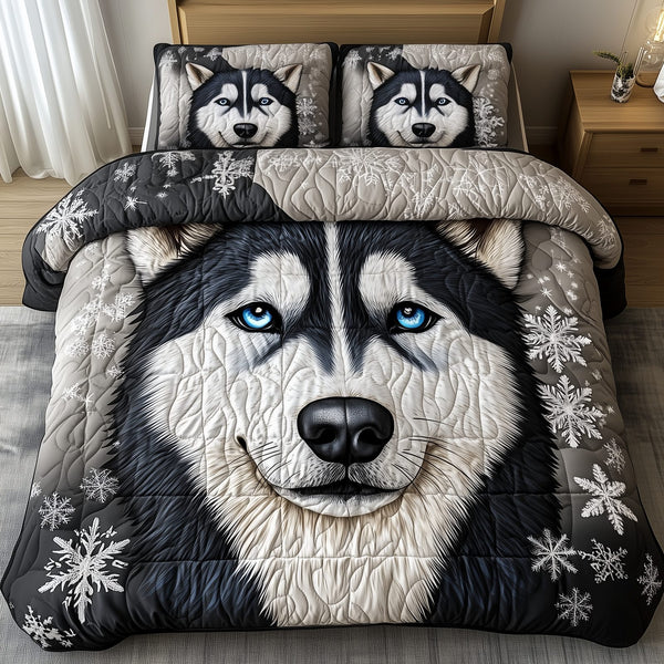 Snowy Siberian Guardian quilted 3-piece bedding set on a made bed with two matching pillow shams