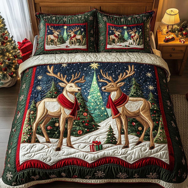 Snowy Sleigh Ride quilted 3-piece bedding set on a made bed in a winter-styled bedroom