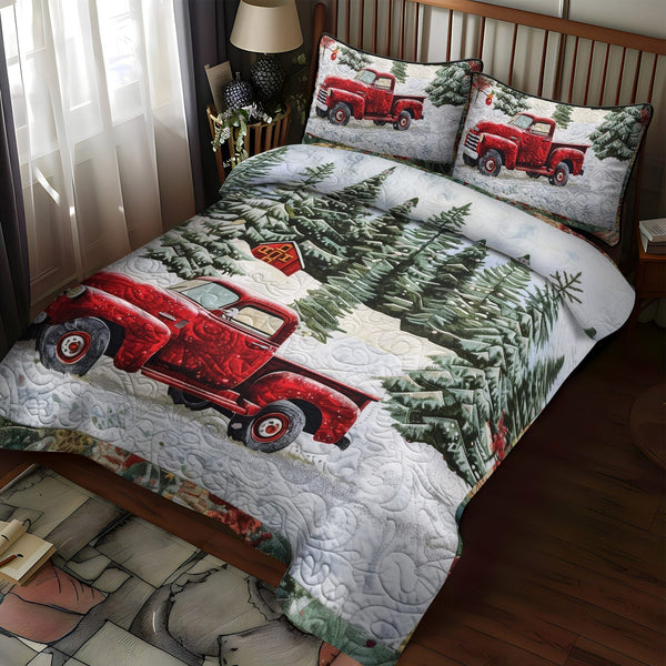 Snowy Sleigh Ride quilted 3-piece bedding set on a made bed in a winter-styled bedroom