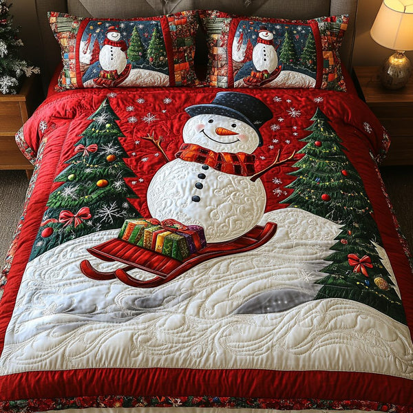Snowy Sleigh Ride quilted 3-piece bedding set on a made bed in a winter-styled bedroom