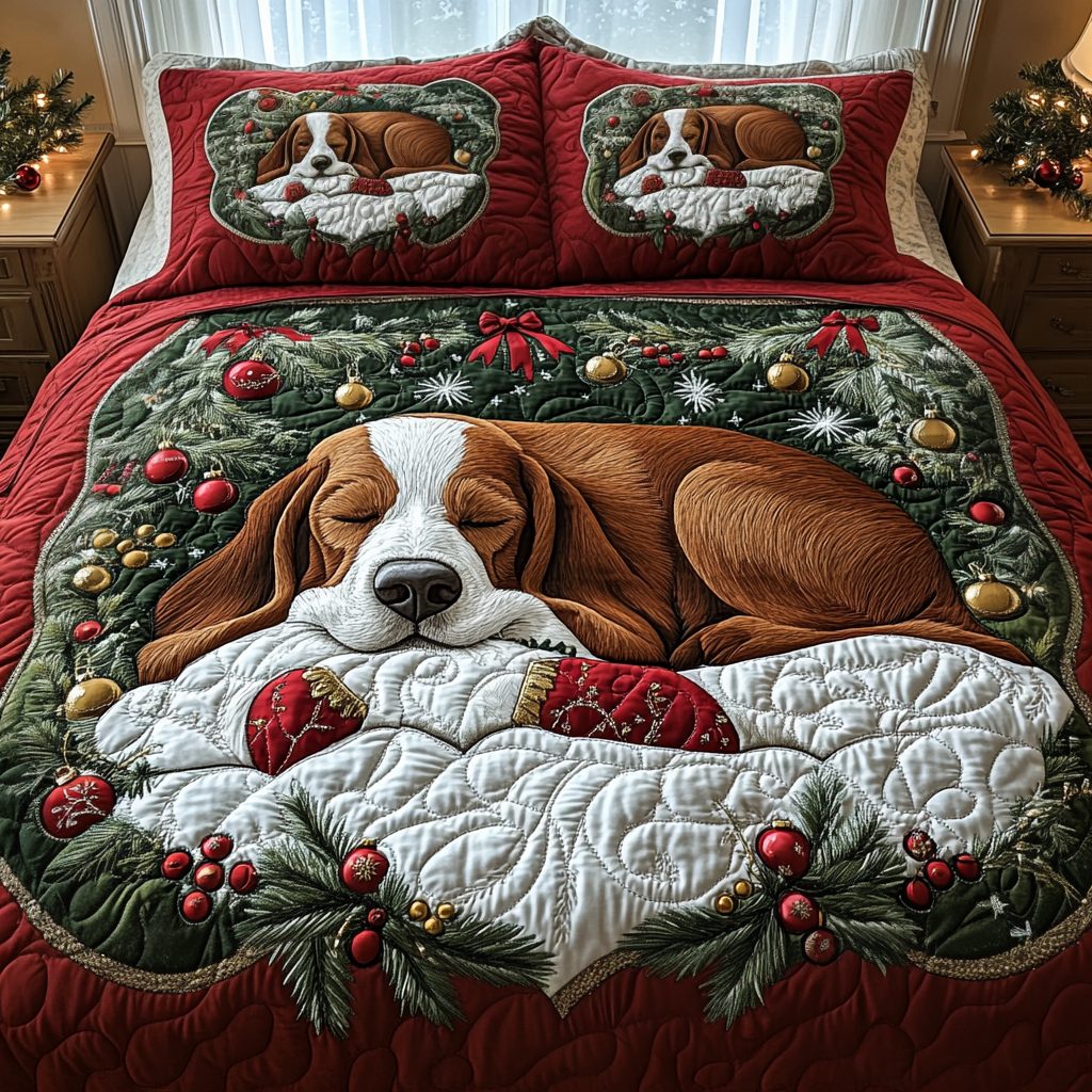 Snowy Slumber quilted 3-piece bedding set on a made bed with two matching pillow shams