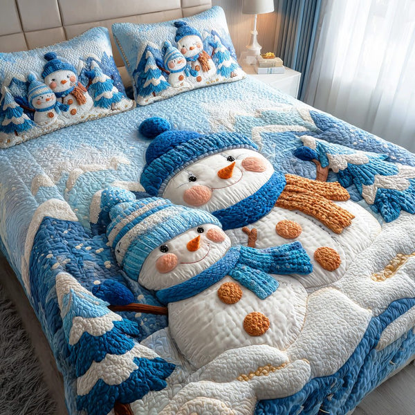 Snowy Smile Field quilted 3-piece bedding set on a made bed with two matching pillow shams