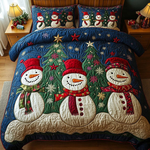 Snowy Smiles quilted 3-piece bedding set on a made bed with two matching pillow shams