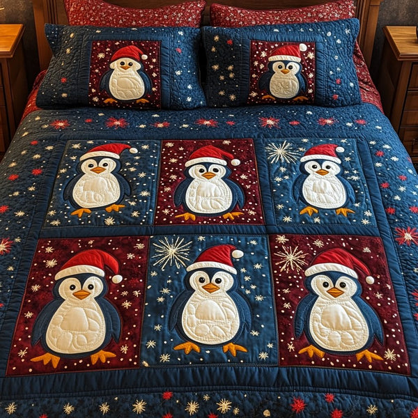 Snowy Smiles quilted 3-piece bedding set on a made bed with two matching pillow shams