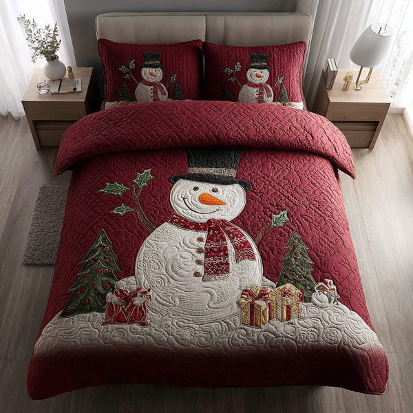Snowy Snowman Gift quilted 3-piece bedding set on a made bed in a winter-styled bedroom