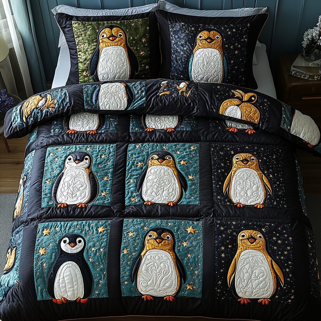 Snowy Snuggles quilted 3-piece bedding set on a made bed with two matching pillow shams