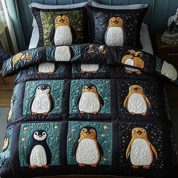 Snowy Snuggles quilted 3-piece bedding set on a made bed with two matching pillow shams