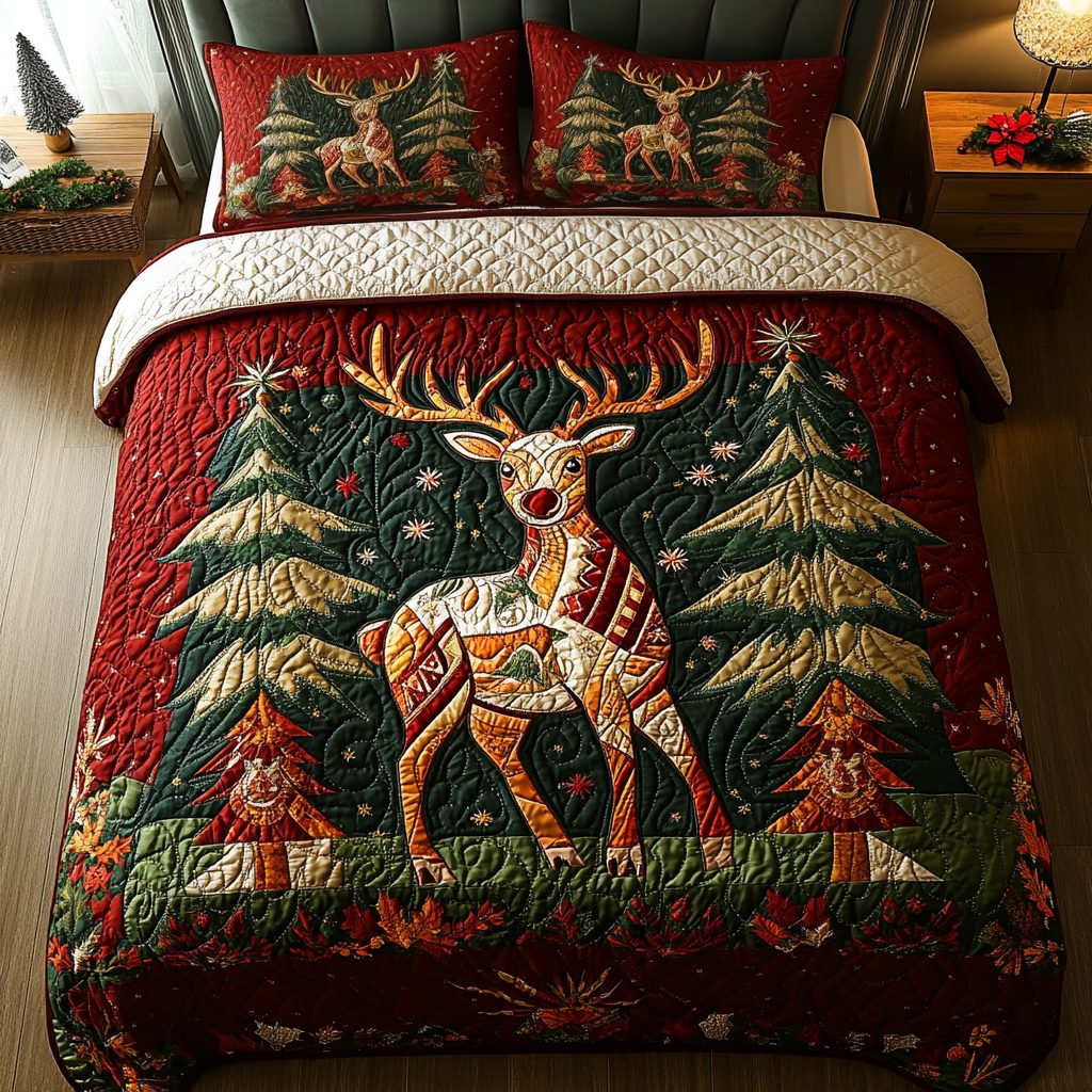 Snowy Splendor quilted 3-piece bedding set on a made bed with two matching pillow shams