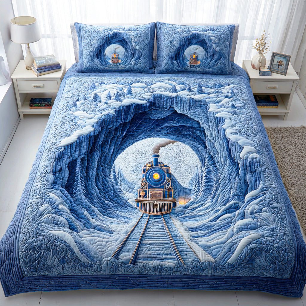 Snowy Steam Ride quilted 3-piece bedding set on a made bed with two matching pillow shams