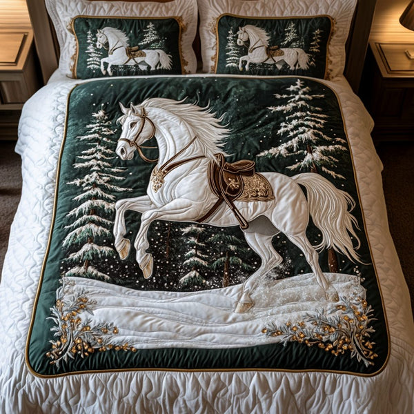 Snowy Steed quilted 3-piece bedding set on a made bed with two matching pillow shams