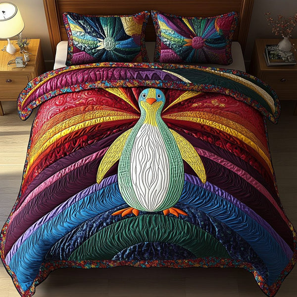 Snowy Stride quilted 3-piece bedding set on a made bed with two matching pillow shams