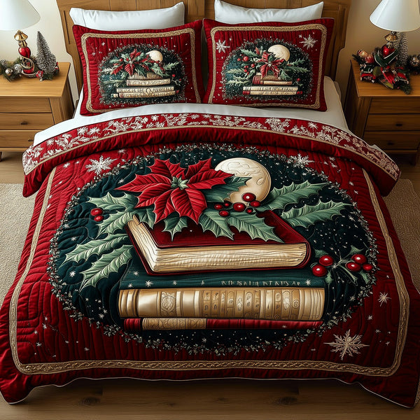 Snowy Tales quilted 3-piece bedding set on a made bed with two matching pillow shams