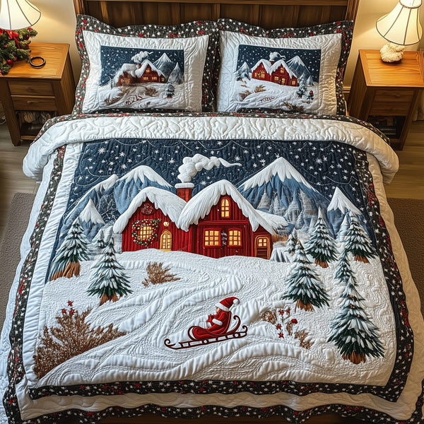 Snowy Town quilted 3-piece bedding set on a made bed with two matching pillow shams