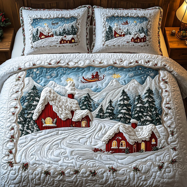 Snowy Town quilted 3-piece bedding set on a made bed with two matching pillow shams