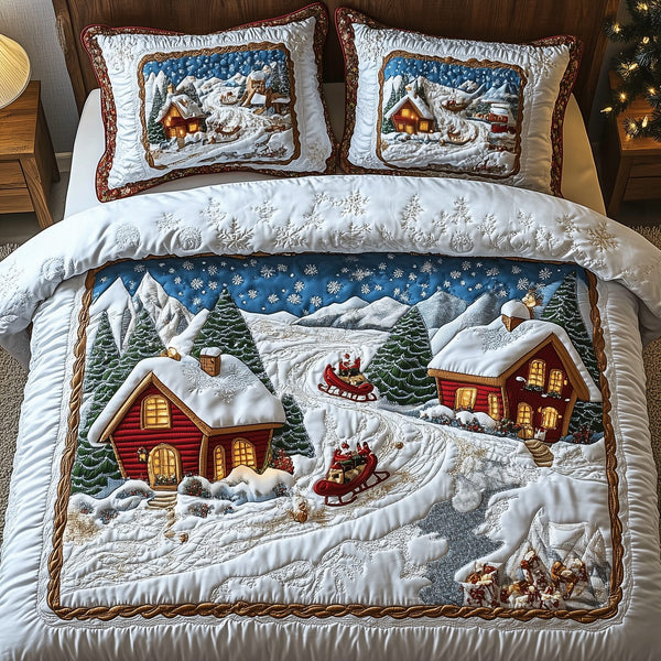 Snowy Town quilted 3-piece bedding set on a made bed with two matching pillow shams