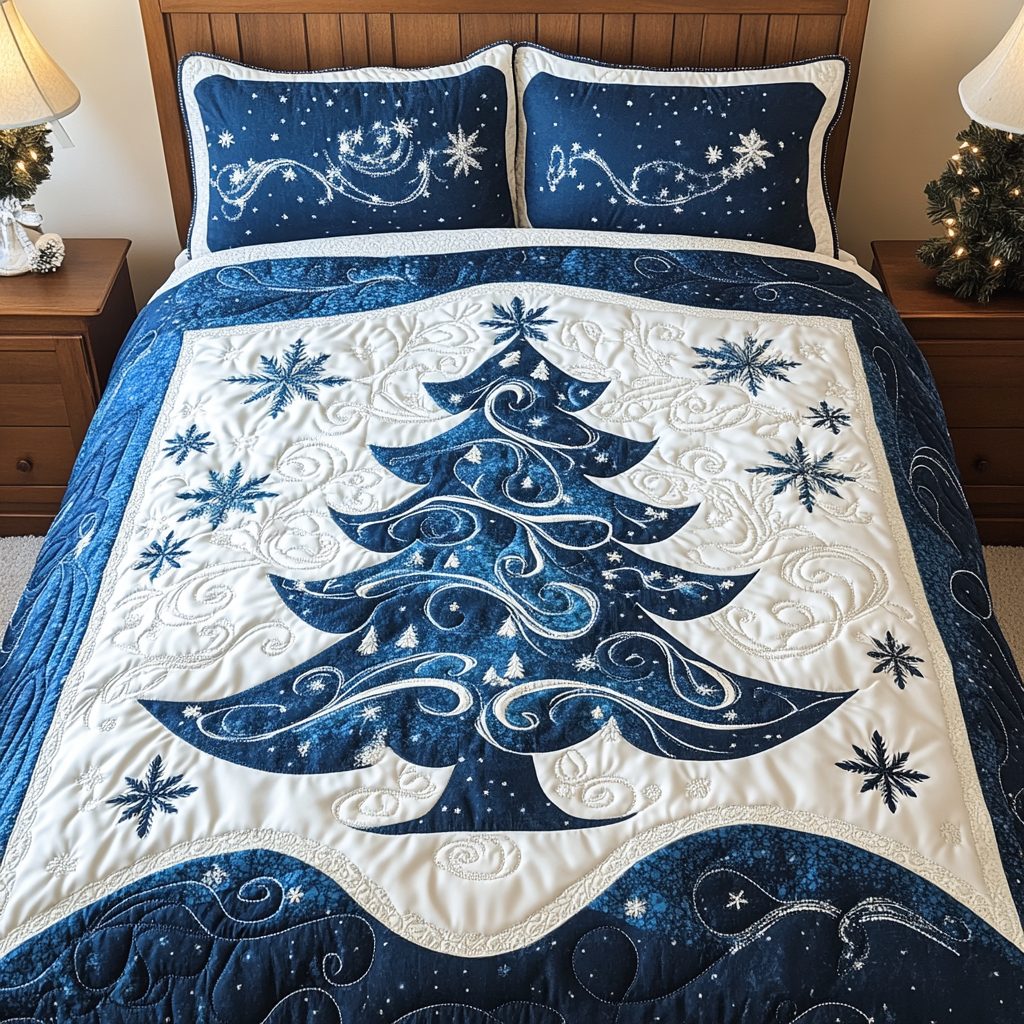 Snowy Tree quilted 3-piece bedding set on a made bed with two matching pillow shams