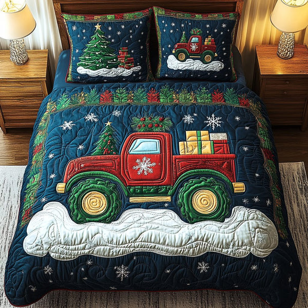 Snowy Truck Escape quilted 3-piece bedding set on a made bed with two matching pillow shams