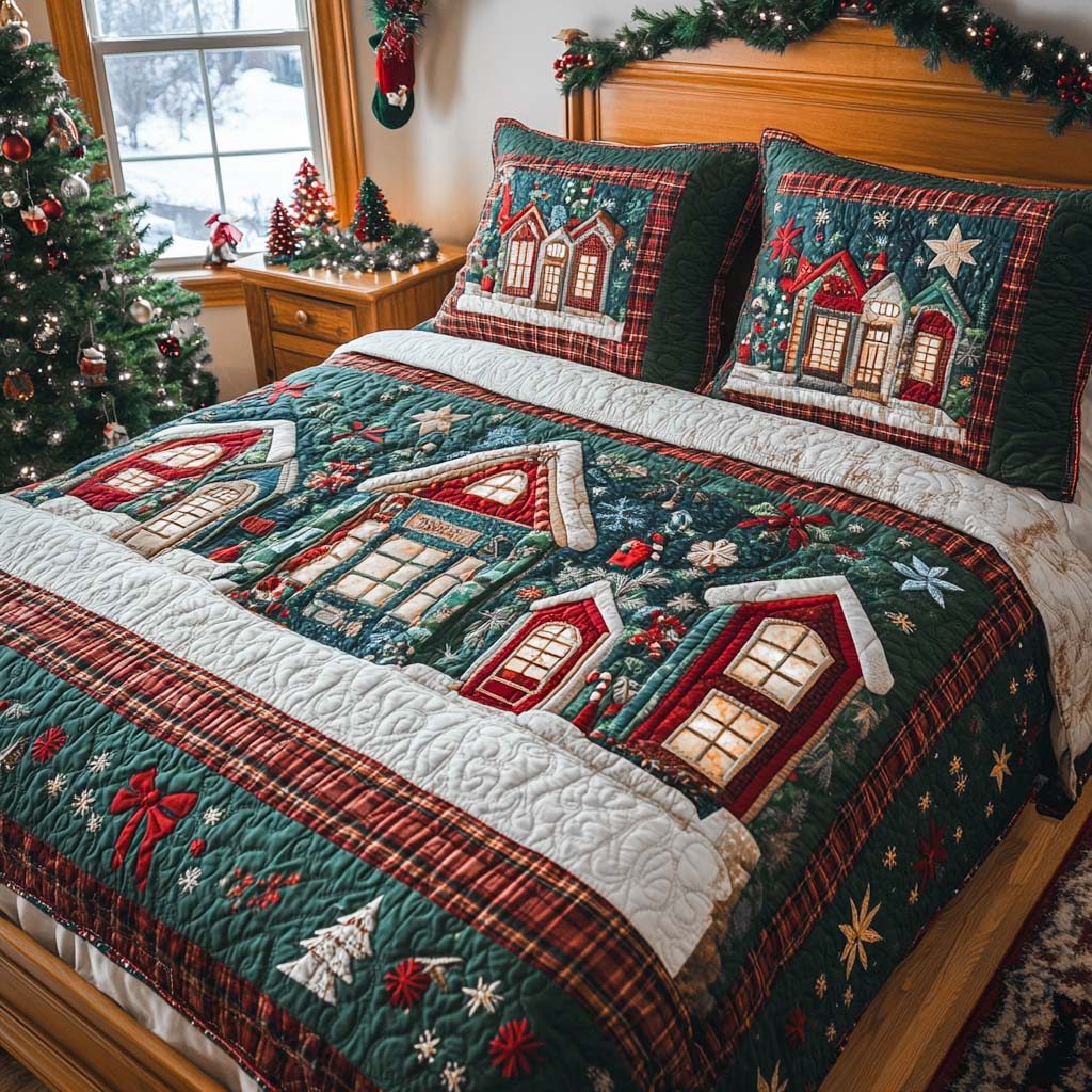 Snowy Village Night quilted 3-piece bedding set on a made bed with two matching pillow shams