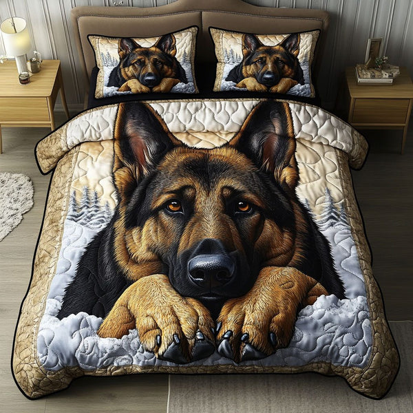 Snowy Watcher quilted 3-piece bedding set on a made bed with two matching pillow shams