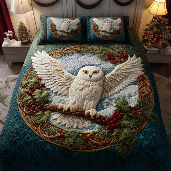 Snowy Wings quilted 3-piece bedding set on a made bed with two matching pillow shams