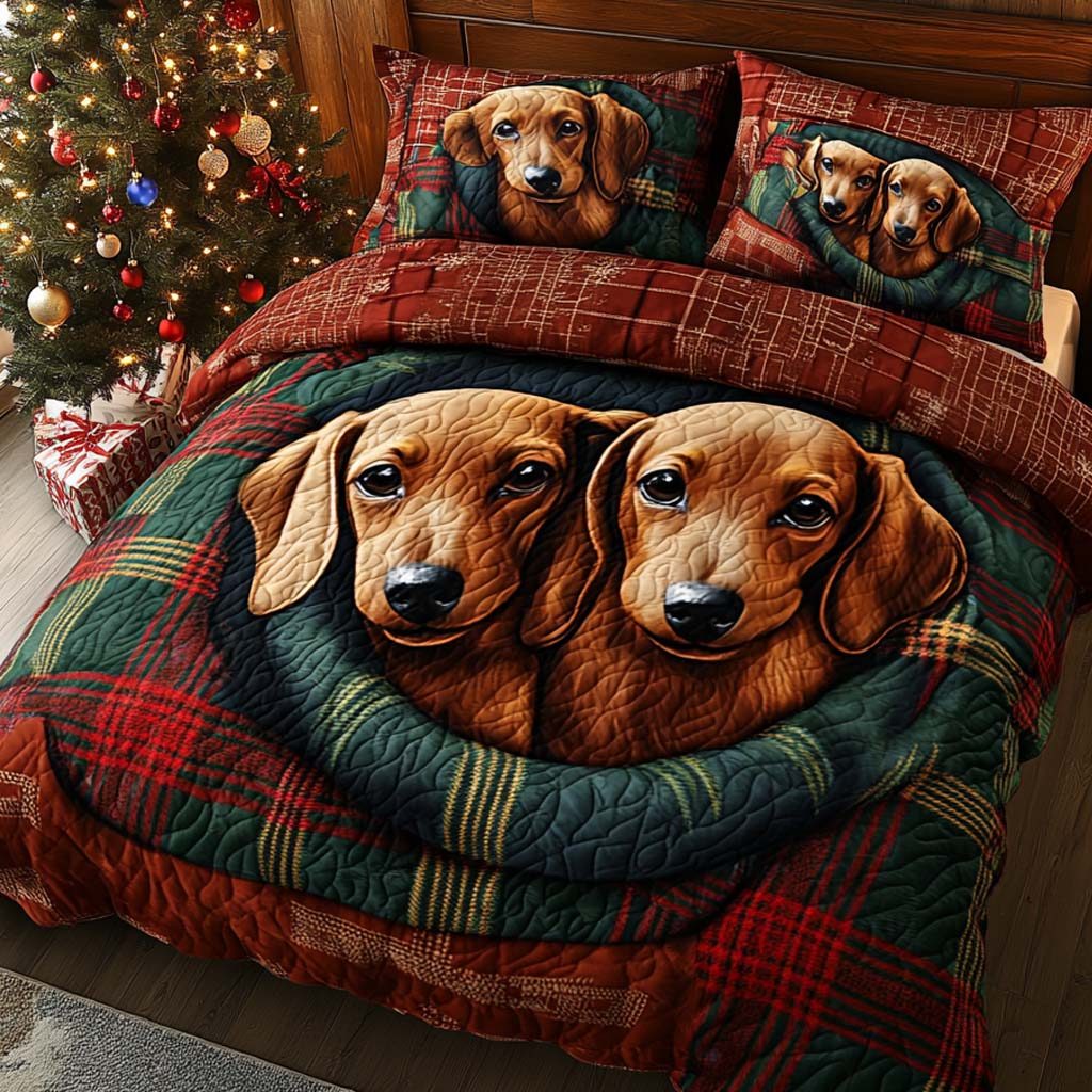 Snuggle Dachshunds quilted 3-piece bedding set on a made bed with two matching pillow shams