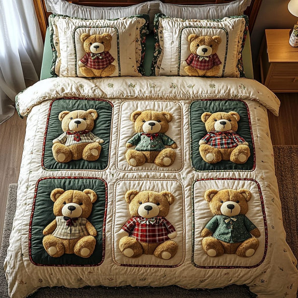 Snuggle Pals quilted 3-piece bedding set on a made bed with two matching pillow shams
