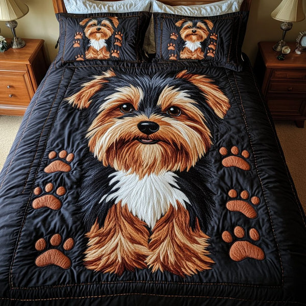 Snuggle Pup quilted 3-piece bedding set on a made bed with two matching pillow shams