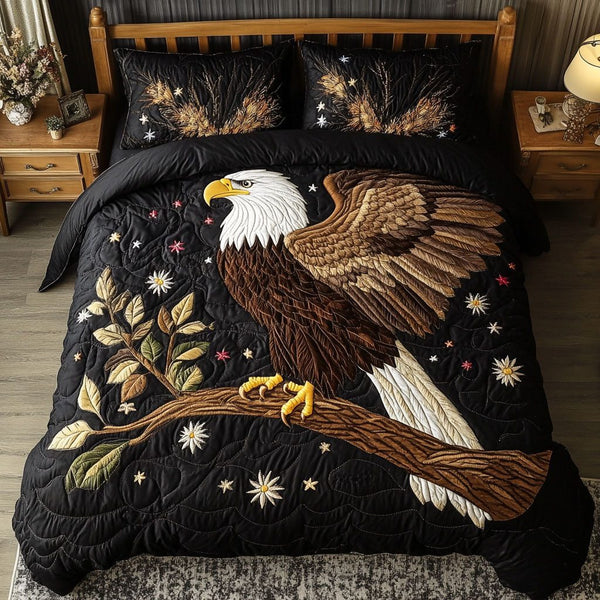Soaring Above quilted 3-piece bedding set on a made bed with two matching pillow shams