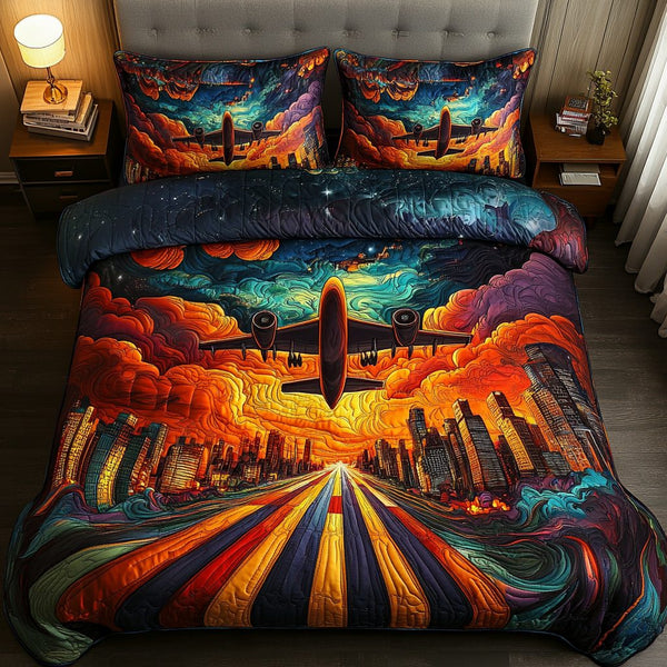 Soaring Airplane quilted 3-piece bedding set on a made bed with two matching pillow shams