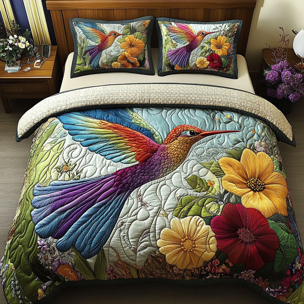 Soaring Beauty quilted 3-piece bedding set on a made bed with two matching pillow shams