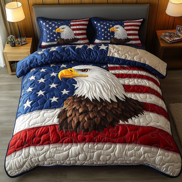 Soaring Eagle quilted 3-piece bedding set on a made bed in a warmly lit bedroom