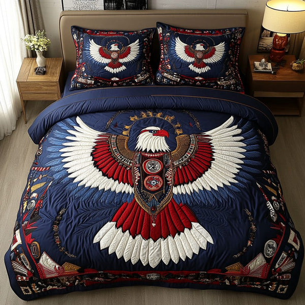 Soaring Eagle quilted 3-piece bedding set on a made bed in a warmly lit bedroom