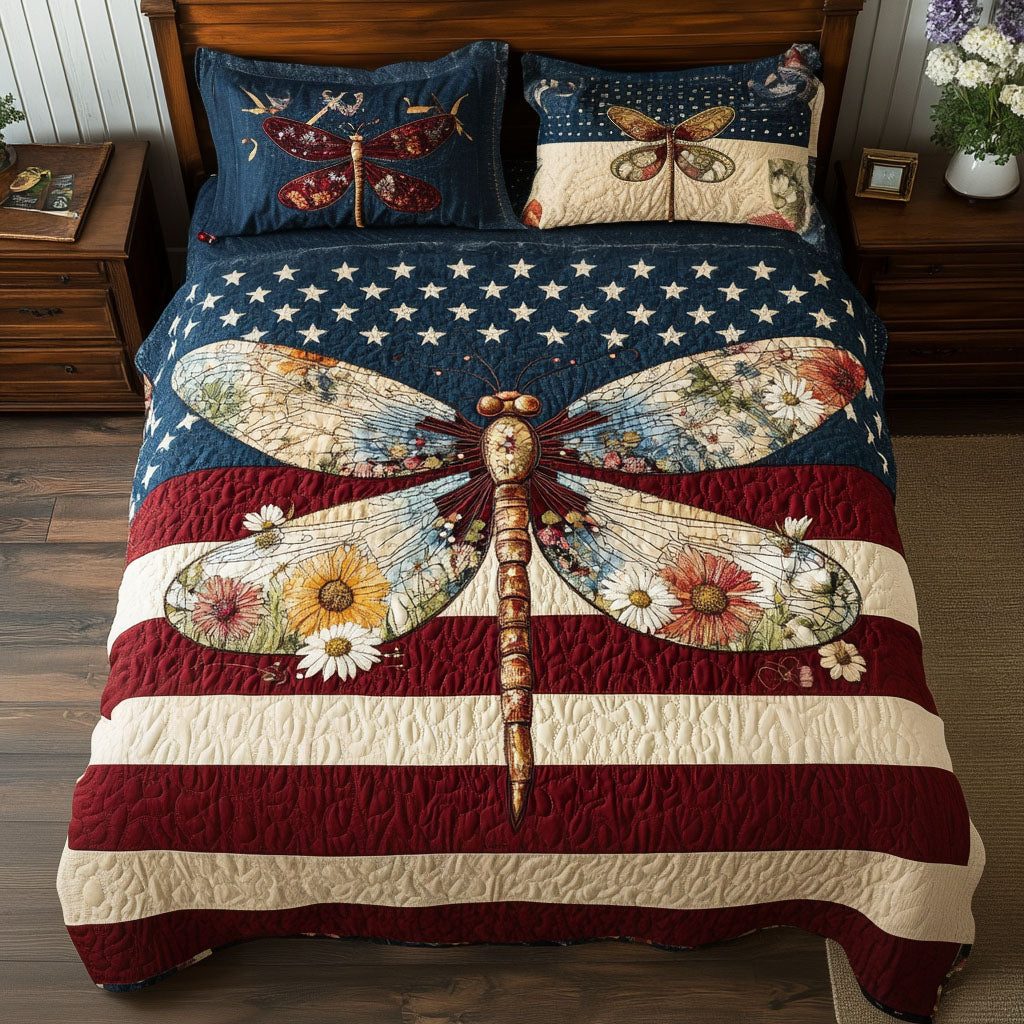 Soaring for Freedom quilted 3-piece bedding set on a made bed in a warmly lit bedroom