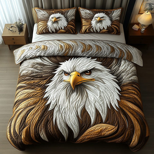 Soaring Majesty quilted 3-piece bedding set on a made bed with two matching pillow shams