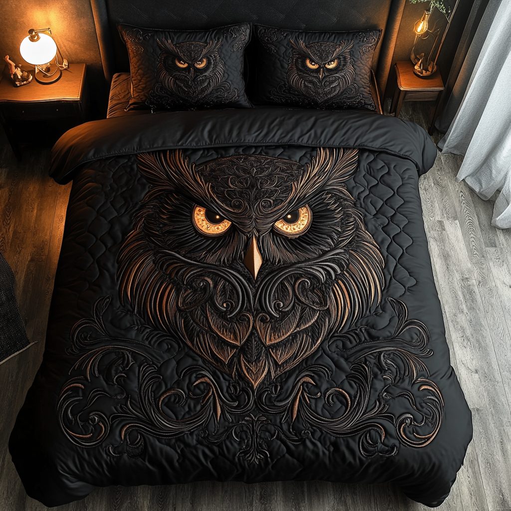 Soaring Owl quilted 3-piece bedding set on a made bed with two matching pillow shams