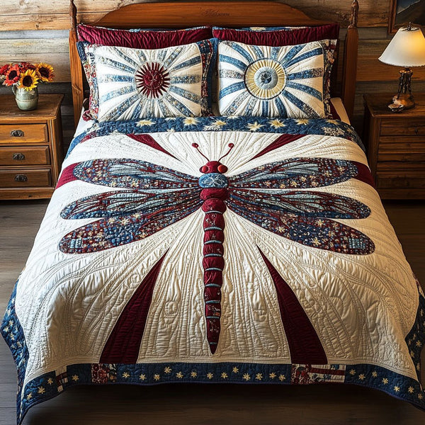 Soaring Patriot quilted 3-piece bedding set on a made bed in a warmly lit bedroom