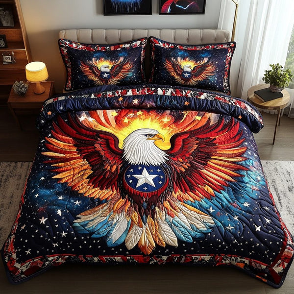 Soaring Spirit quilted 3-piece bedding set on a made bed with two matching pillow shams