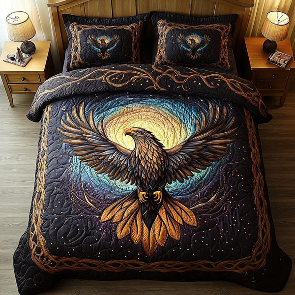 Soaring Spirit quilted 3-piece bedding set on a made bed with two matching pillow shams
