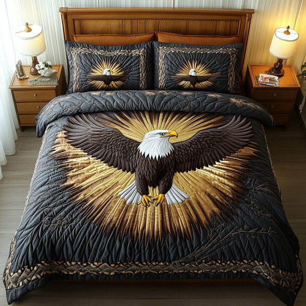 Soaring Spirit quilted 3-piece bedding set on a made bed with two matching pillow shams