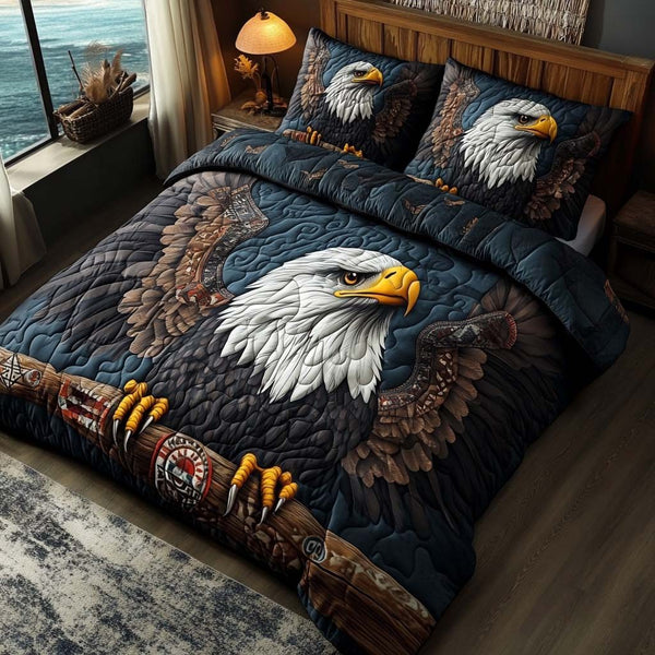 Soaring Strength quilted 3-piece bedding set on a made bed with two matching pillow shams