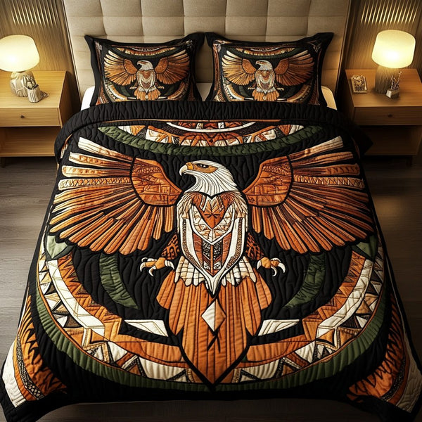 Soaring Valor quilted 3-piece bedding set on a made bed with two matching pillow shams