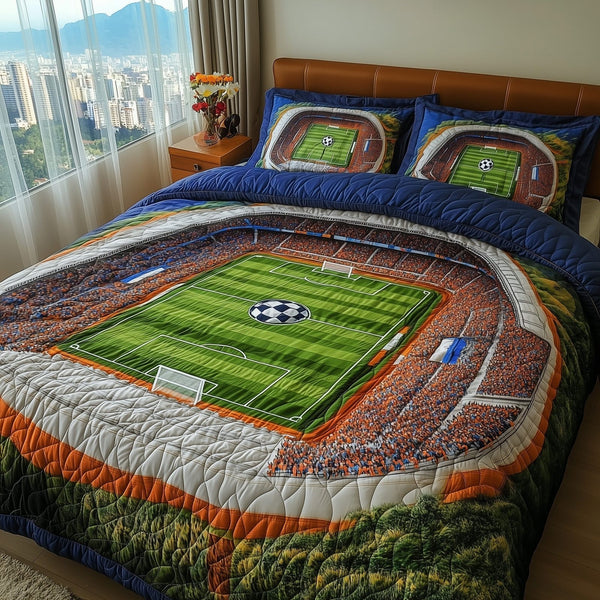 Soccer Field of Dreams quilted 3-piece bedding set on a made bed with two matching pillow shams