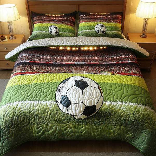 Soccer Field of Dreams quilted 3-piece bedding set on a made bed with two matching pillow shams