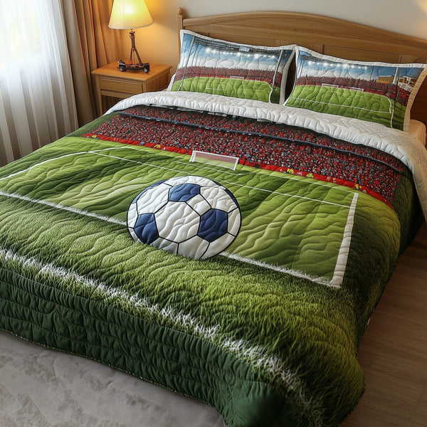 Soccer Field of Dreams quilted 3-piece bedding set on a made bed with two matching pillow shams